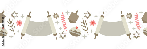 Hanukkah seamless border. Torah, star of David, dreidel. Vector illustration in clip art style for holiday design.