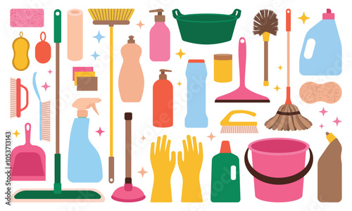 Cleaning tool big set. Bottled household chemicals, mop, brush, gloves and other cleaning tools. Isolated vector illustration in clip art style