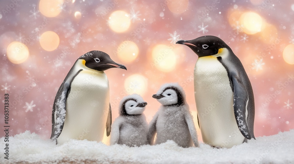 A heartwarming scene of a penguin family in the snow, with soft snowflakes falling around. A heartwarming scene of a penguin family in the snow, with soft snowflakes falling around.