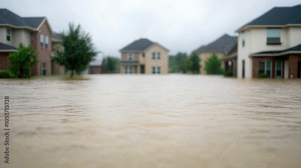 Aerial view of a flooded neighborhood with houses partially submerged in deep water as residents seek higher ground amidst the crisis caused by extreme weather and heavy rainfall Aerial view of a flooded neighborhood with houses partially submerged in deep water as residents seek higher ground amidst the crisis caused by extreme weather and heavy rainfall