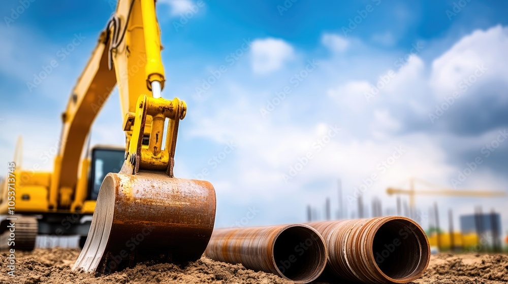 Rusty steel pipes and construction equipment at a vibrant construction site under a dynamic sky Rusty steel pipes and construction equipment at a vibrant construction site under a dynamic sky