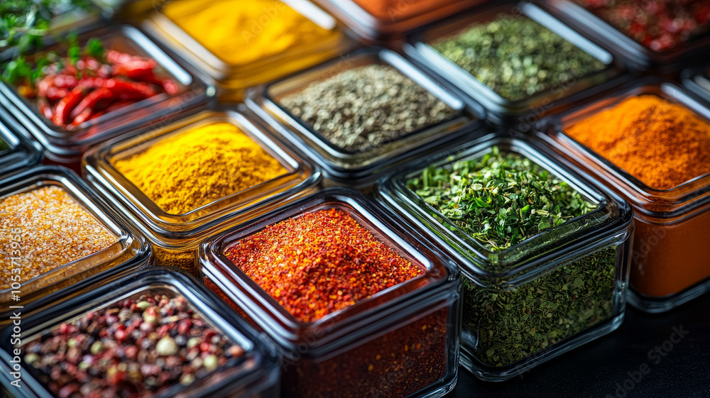 Various colorful spices in glass containers. Various colorful spices in glass containers.