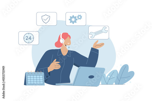 Technical support or customer service, Hotline, Call center representative, Online customer consultation or feedback, Female employee wearing headphones helps serve customers. Vector design.