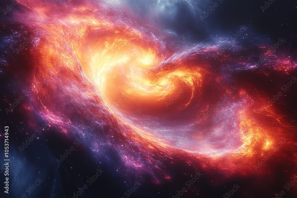 A fiery nebula swirls in a spiral, its orange and red colors contrasting with the deep blue of space.
