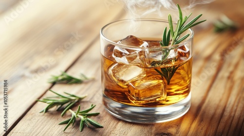 Glass of alcohol old fashioned whiskey cocktail with ice cubes and fuming rosemary branch on wooden table.