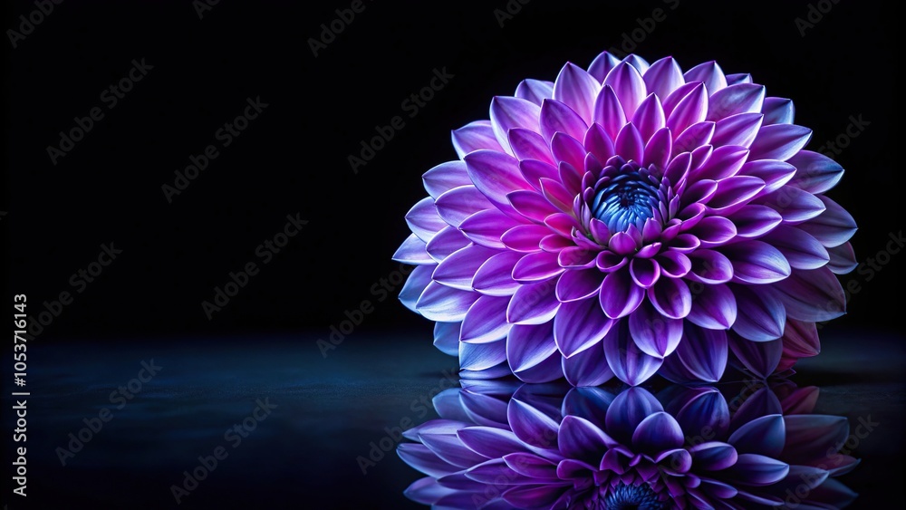 Purple dahlia flower on black background with blue light reflection Purple dahlia flower on black background with blue light reflection