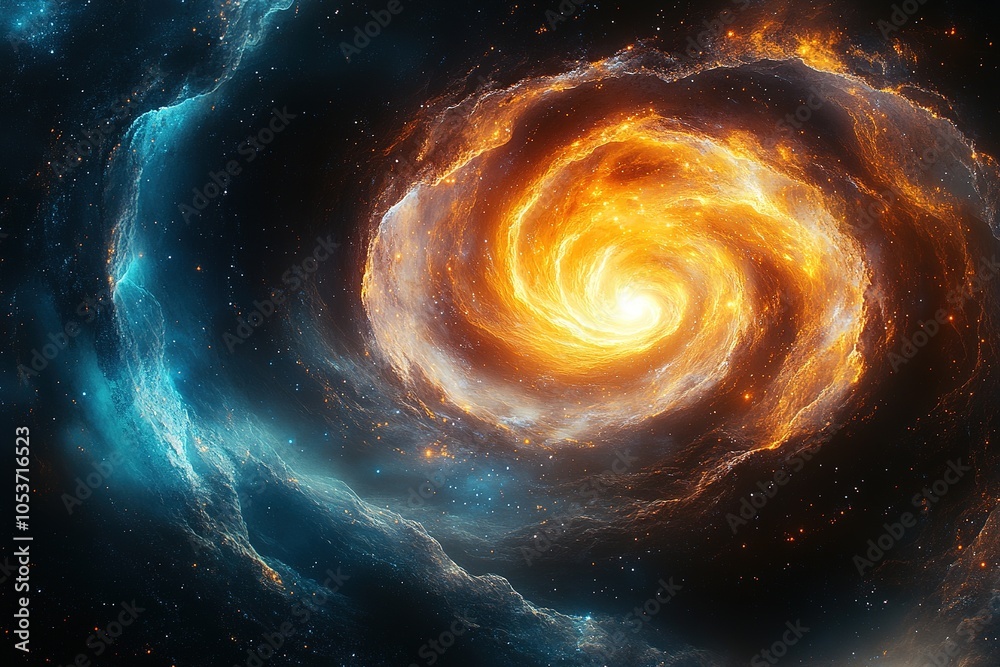 A fiery, swirling galaxy core with blue nebulae. A fiery, swirling galaxy core with blue nebulae.