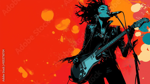 Energetic Female Rock Guitarist Singing Onstage With Colorful Background photo