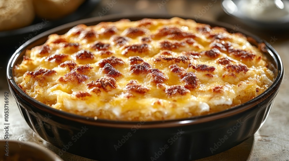 A freshly baked cheesy hash brown casserole. A freshly baked cheesy hash brown casserole.