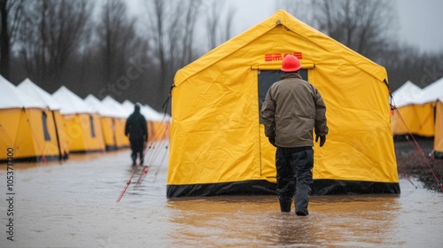 Emergency response team setting up tents in a flooded rural area to provide temporary shelter and aid for displaced families affected by the natural disaster photo