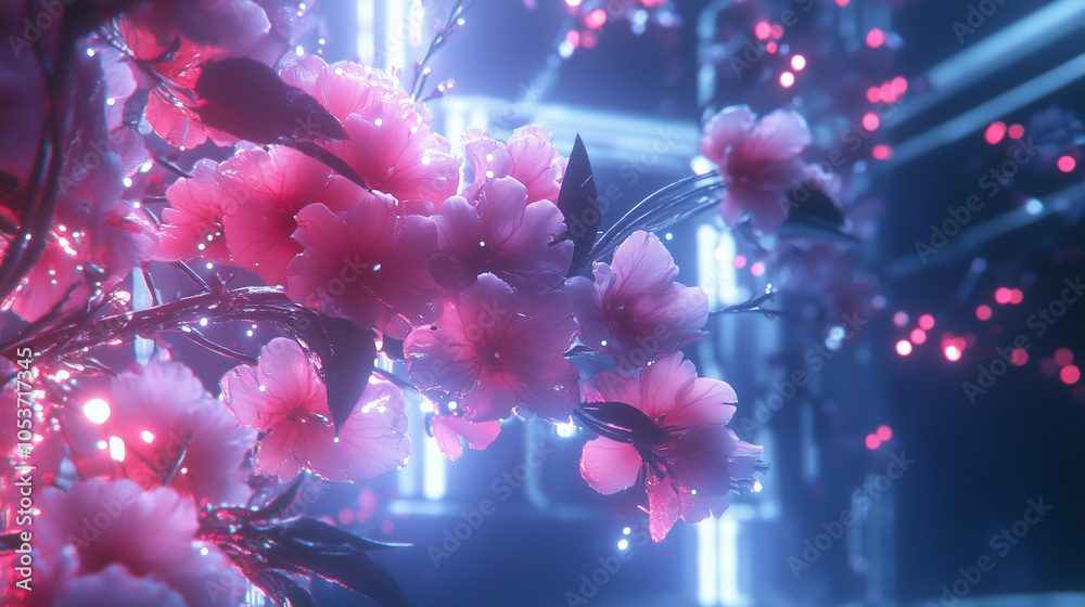 Soft Pink Cherry Blossoms With Blue Neon Digital Background Soft Pink Cherry Blossoms With Blue Neon Digital Background