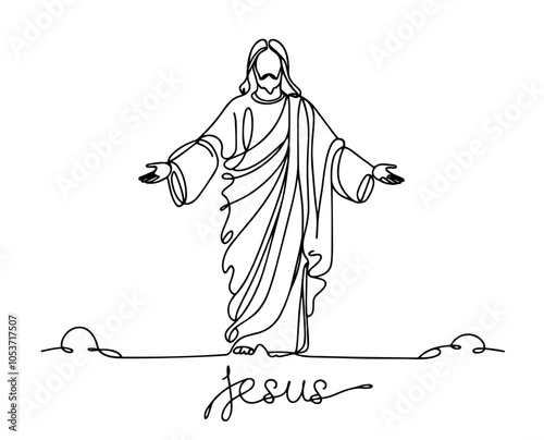 minimalist line drawing of Jesus welcoming with open arms
