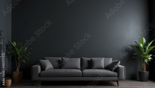 A modern gray sofa in a dark room with a black wall 