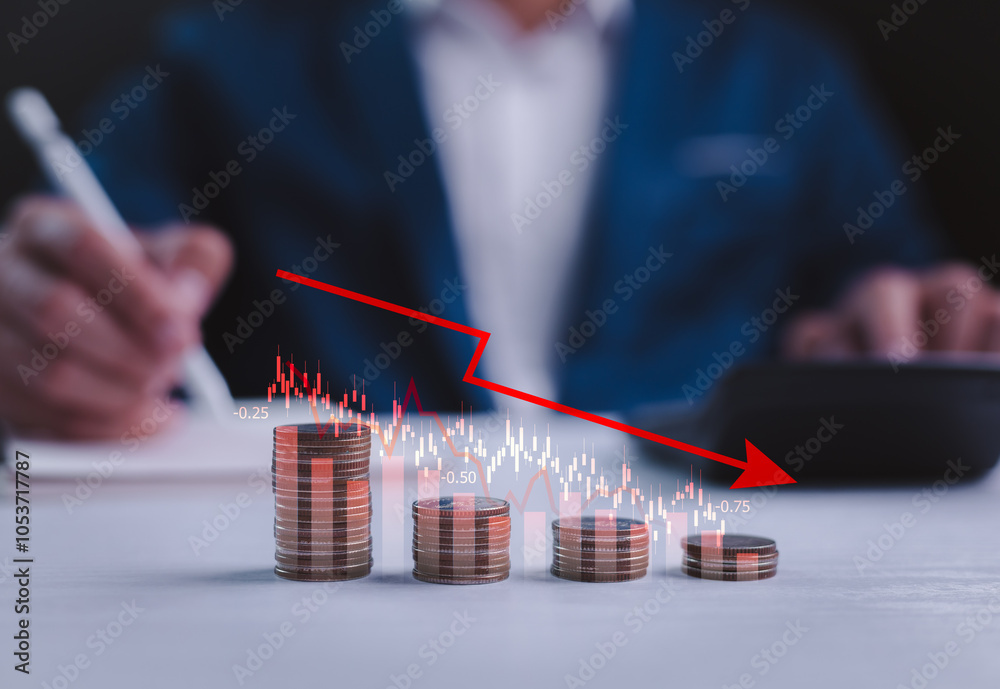 Concept of economic collapse. Declining financial graph chart, global recession. Indicators of a stock market crash, inflation, and financial crisis. Falling GDP income and capital reduction.