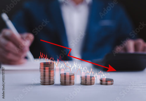 Obraz na płótnie Concept of economic collapse. Declining financial graph chart, global recession. Indicators of a stock market crash, inflation, and financial crisis. Falling GDP income and capital reduction. w salonie