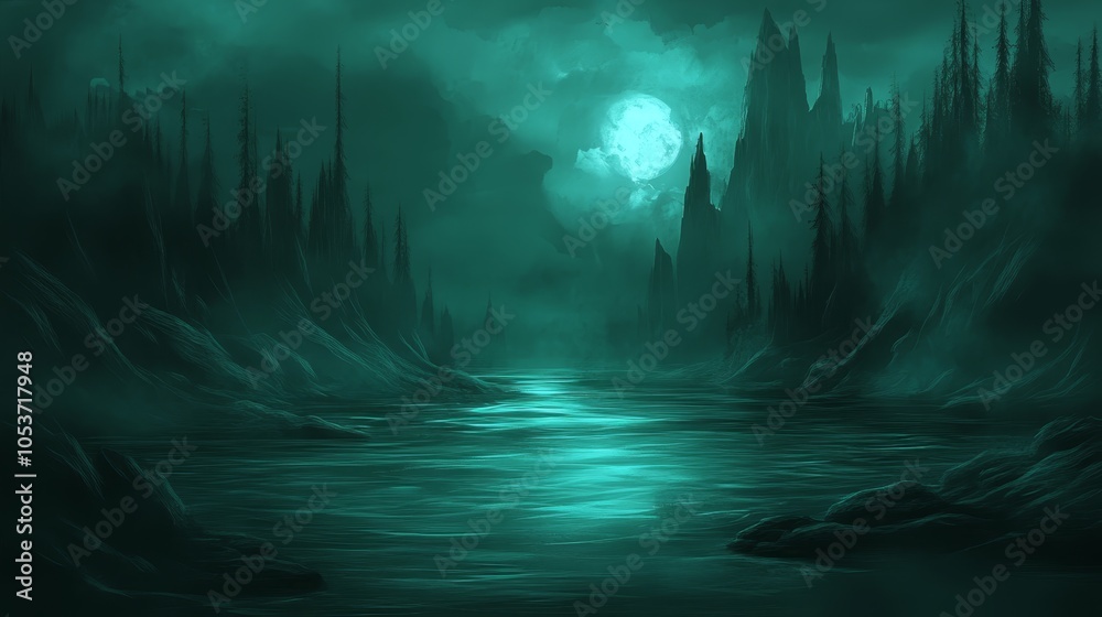 A river painting in a forest's heart, under a full moon's glow above the water A river painting in a forest's heart, under a full moon's glow above the water