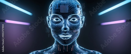 Futuristic human digital face with circuits and neon lighting photo