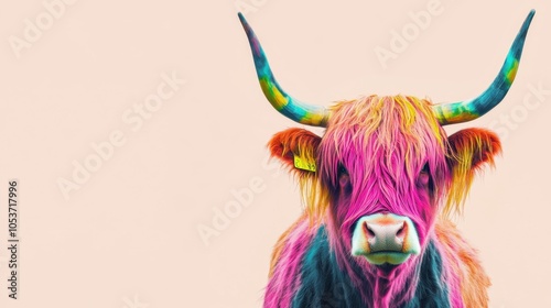 Artistic Highland cow with colorful horns, abstract style with bright hues against neutral backdrop. photo