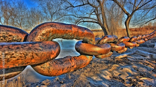  A rusted chain suspends above a body of water, surrounded by trees and snow-covered ground photo