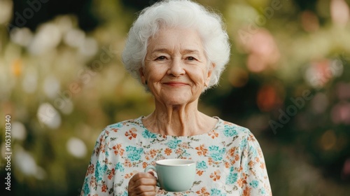 Smiling and content elderly woman holding a coffee cup while standing in a blooming garden with soft sunlight and a blurred background creating a peaceful and serene atmosphere