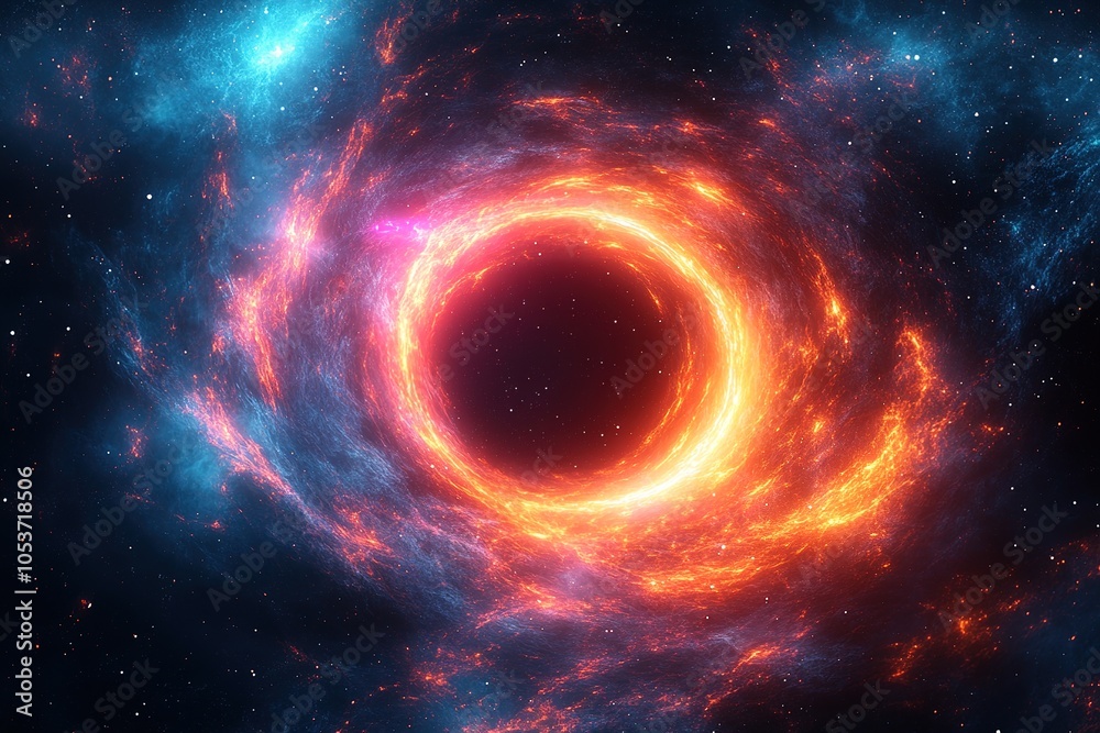 Obraz premium A glowing black hole in a nebula with swirling blue and red gas.