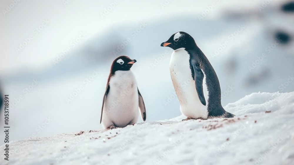 Fototapeta premium Artistic watercolor depiction of two penguins on a frozen landscape, capturing family warmth.