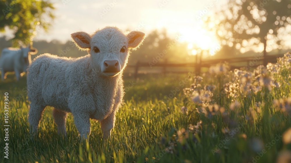 Fototapeta premium Baby cow in grassy field, golden light filtering through, simple and peaceful nature scene.