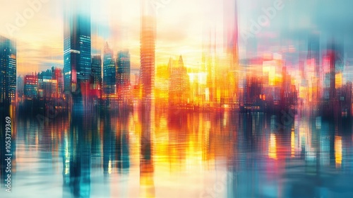 A dreamy sunset scene featuring blurred city buildings with their reflection shimmering in the water, capturing the tranquil essence of urban life.