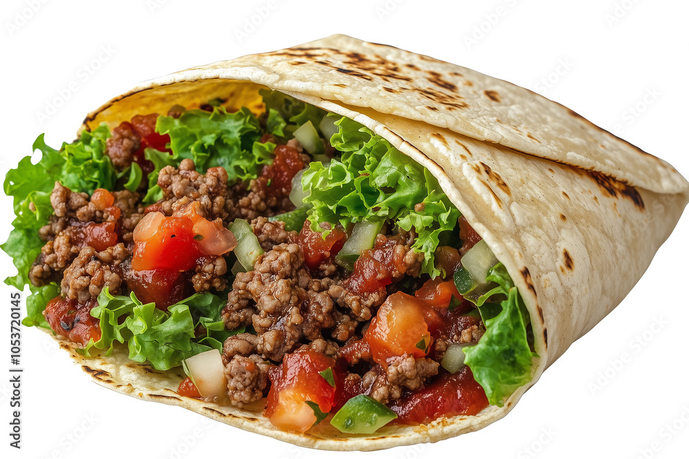 A burrito with meat, lettuce, and tomatoes. The burrito is open and ready to be eaten A burrito with meat, lettuce, and tomatoes. The burrito is open and ready to be eaten