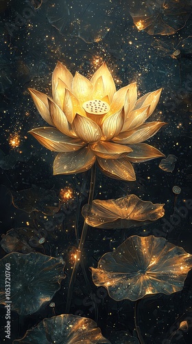 Golden lotus flower with glowing petals photo