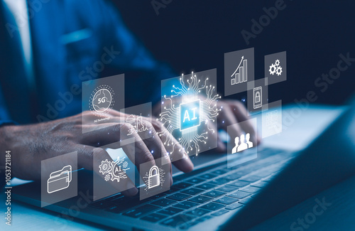 Man interacts with AI artificial intelligence brain processor big data and AI machine learning to use generative advanced technology business innovation and connectivity. Data security, and analytics.
