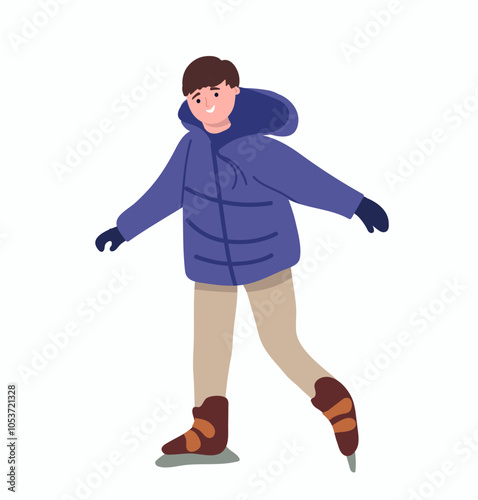 A boy skating on ice rink outdoors in winter. In cold weather with snow. Active kid in snowy park on wintertime holidays. Flat vector illustration isolated on white background