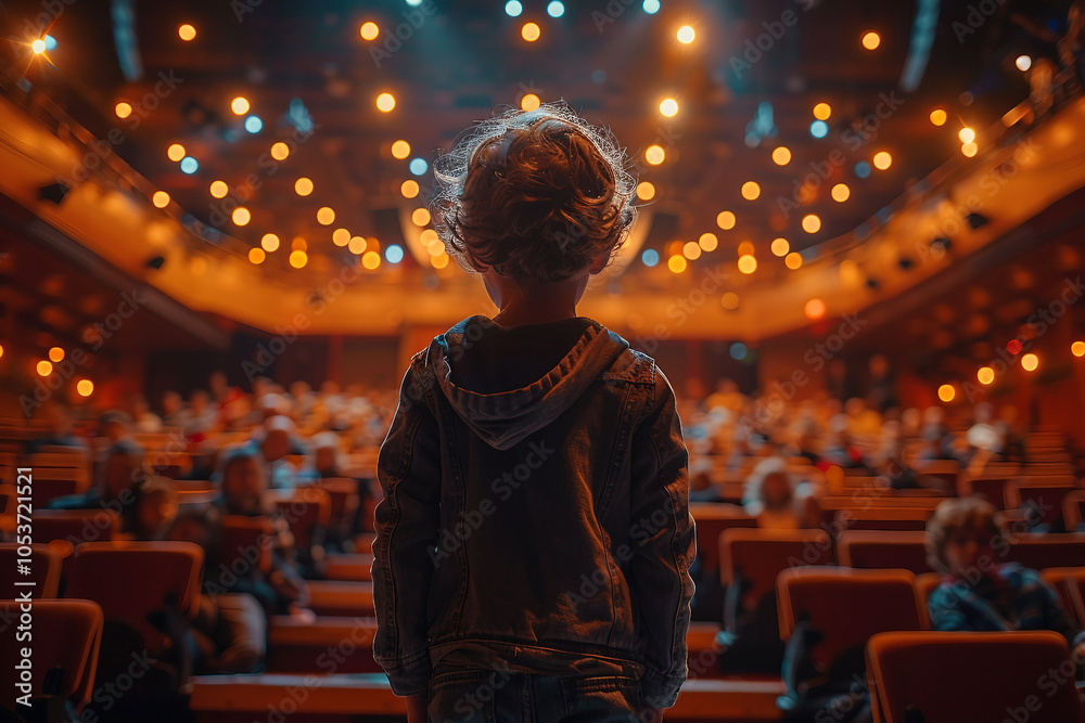 Designed with generative ai rear view photo of a beautiful talented boy standing on a stage with illumination Designed with generative ai rear view photo of a beautiful talented boy standing on a stage with illumination
