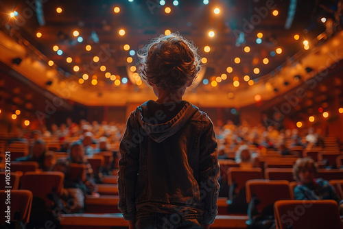 Designed with generative ai rear view photo of a beautiful talented boy standing on a stage with illumination