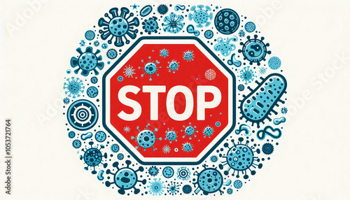 A stop sign illustration surrounded by virus and bacteria icons, representing health warnings and infection control