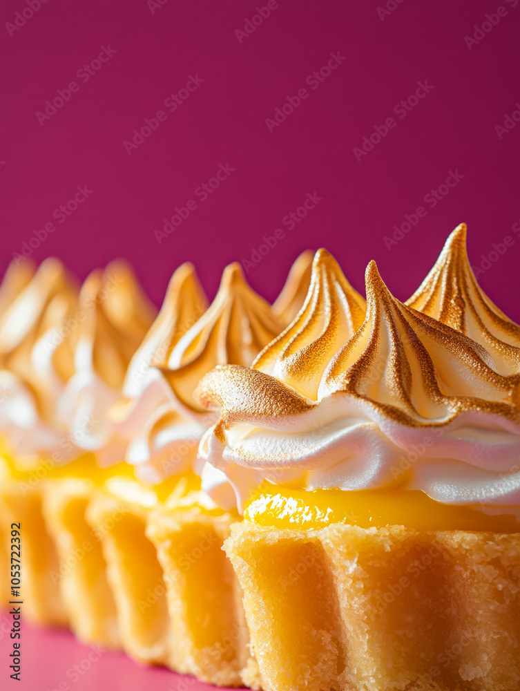 Lemon tart with meringue on a vibrant pink background.