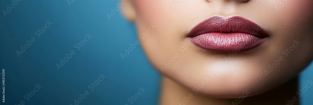 Fototapeta premium eyes closed, lips slightly pressed, against blue backdrop