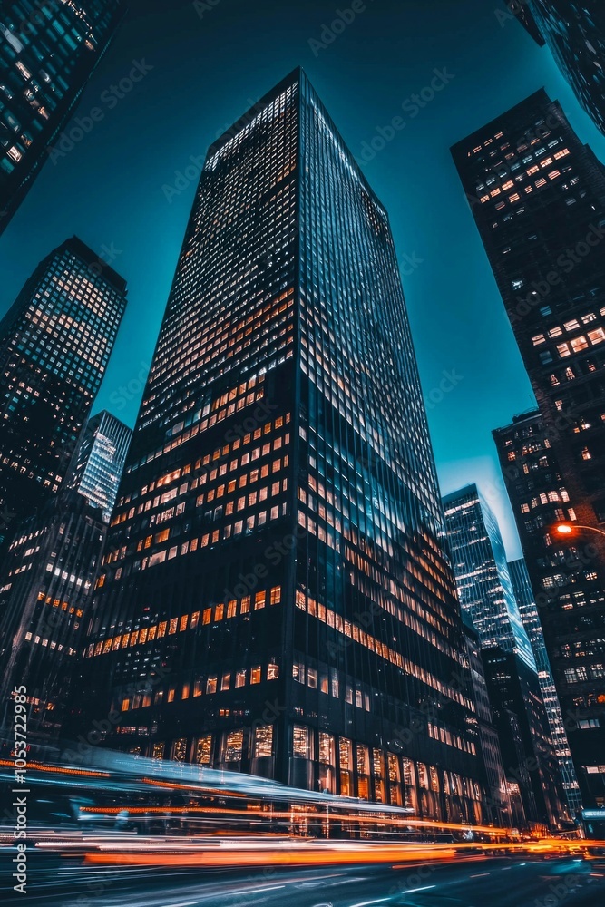 Obraz premium A tall skyscraper stands in the center of an urban cityscape at night, with light trails