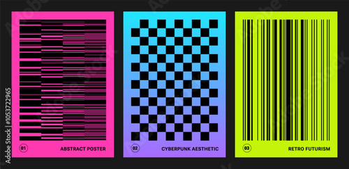 Retro cyber minimal geometric prints. Neo brutalism, Glitch effects, Op-art illusion. Neon color, Black grid. Brutal Vaporwave posters, Cyberpunk aesthetic, modern graphic design. QR Barcode, icons 