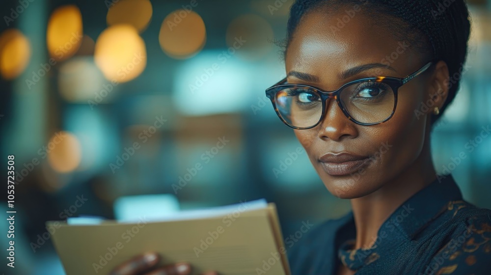 Thoughtful woman reading indoors.