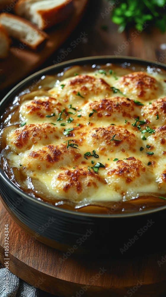 Baked french onion soup topped with cheese. Baked french onion soup topped with cheese.