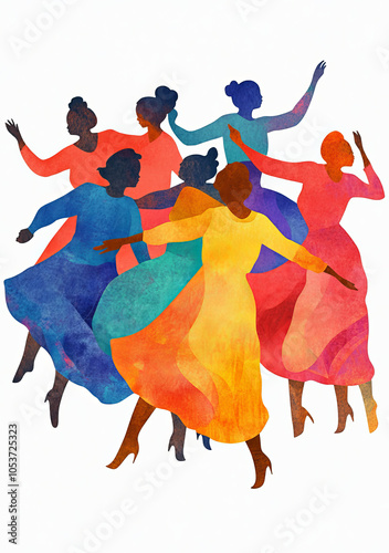 Colorful illustration of women dancing in flowing dresses