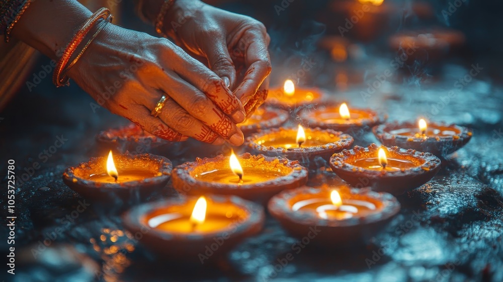 Lighting diyas during Diwali. Lighting diyas during Diwali.