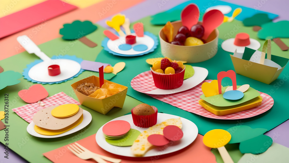 Colorful paper food items arranged on vibrant picnic setting, featuring playful shapes and textures. This whimsical composition evokes sense of joy and creativity Colorful paper food items arranged on vibrant picnic setting, featuring playful shapes and textures. This whimsical composition evokes sense of joy and creativity