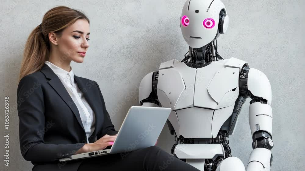 A businesswoman works on a laptop with a white robot sitting beside her A businesswoman works on a laptop with a white robot sitting beside her