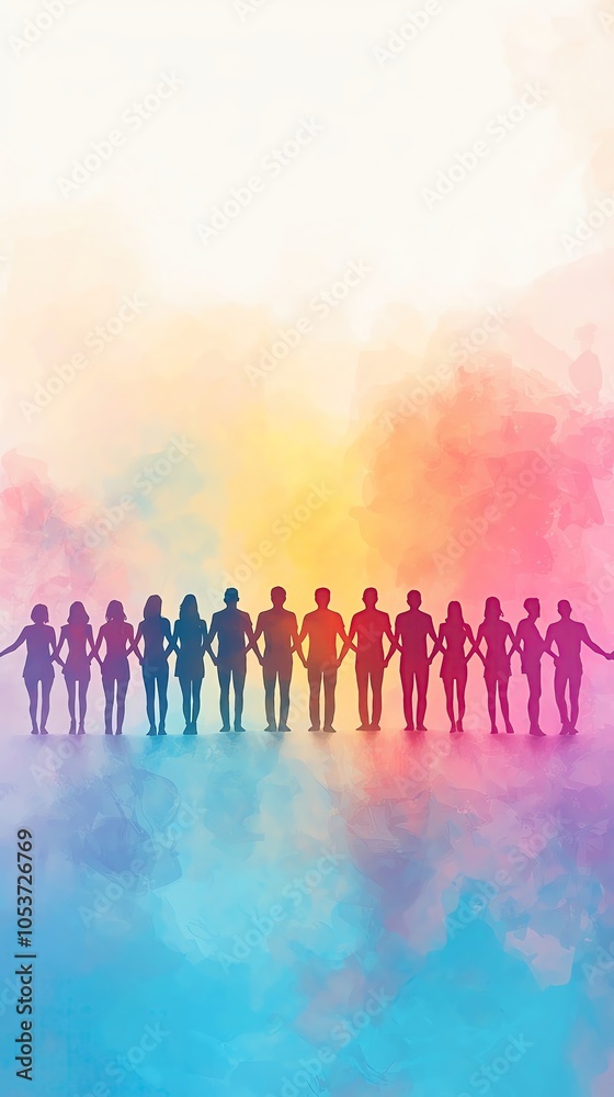 Diverse silhouettes holding hands, colorful background Diverse silhouettes holding hands, colorful background