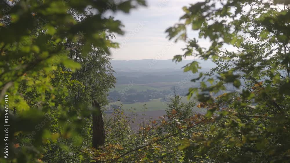 View between the trees to the Czech landscape and village in the valley. Distant horizon in morning light View between the trees to the Czech landscape and village in the valley. Distant horizon in morning light