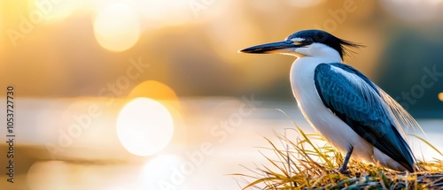  A blue-and-white bird perches atop a grassy field, bordering a sunlit body of water