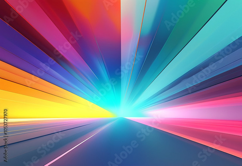 a car is driving down a highway with a colorful background.