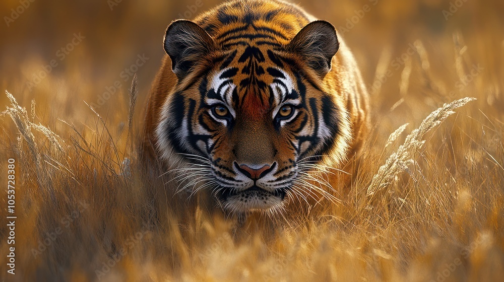 Fototapeta Close-up of a Tiger's Face in Tall Grass